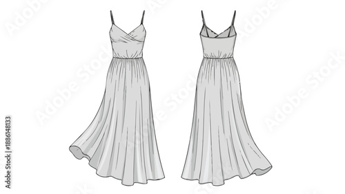 Elegant long summer dress flat sketch for fashion design development light grey flowing fabric illustration