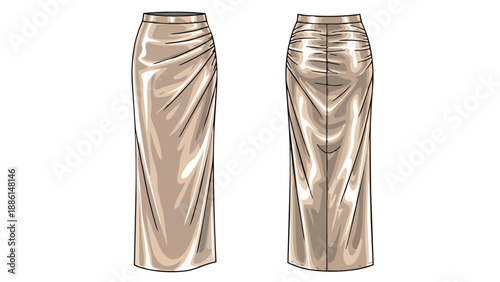 Sophisticated draped maxi skirt flat sketch featuring modern front ruching detail and elegant back waist gathering for contemporary women's formal