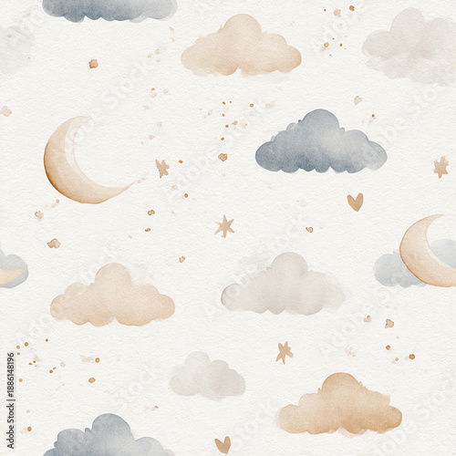 watercolor clouds and moon pattern, muted beige colors, baby nursery aesthetic, stars, hearts, cute, white background, seamless pattern.
