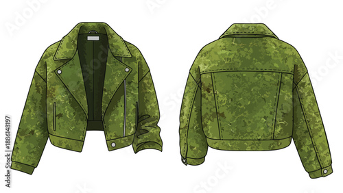Stylish green camouflage biker jacket technical drawing, front and back views, featuring detailed design elements.
