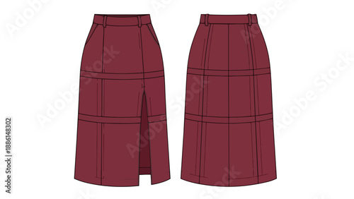 Technical flat sketch of a women's high-waisted midi skirt with front slit and patch pockets showing front and back views for fashion design and