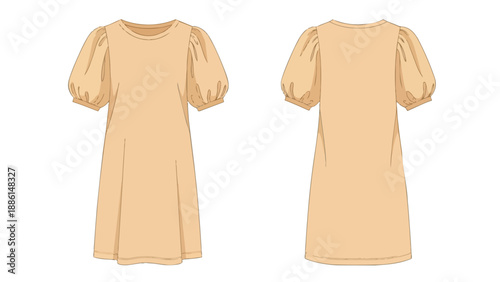 Front and back view of a minimalist short dress with puff sleeves design sketch for apparel creation