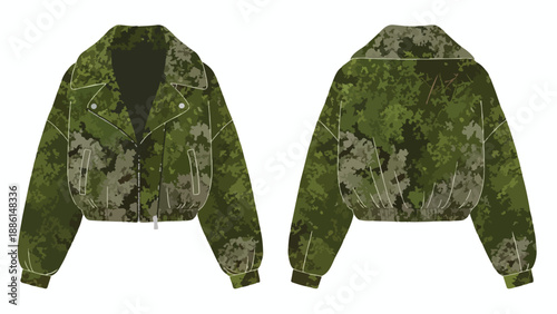 Stylish Digital Camouflage Bomber Jacket Front and Back View Trendy Military Inspired Fashion Apparel Design Illustration