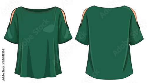 Front and back views of a modern emerald green women's cold-shoulder top with a boat neckline, emphasizing its relaxed fit and contemporary casual