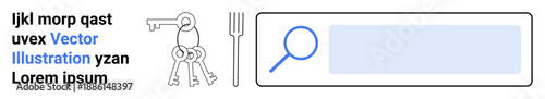 Digital interfaces, search functionality, online tools, security concepts, data navigation, and design features. Magnifying glass with a rectangular search bar, key and fork. Search functionality