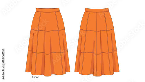 Vibrant tangerine-hued fashion illustration of a paneled flared skirt showcasing intricate design details and a comfortable, flowing silhouette,