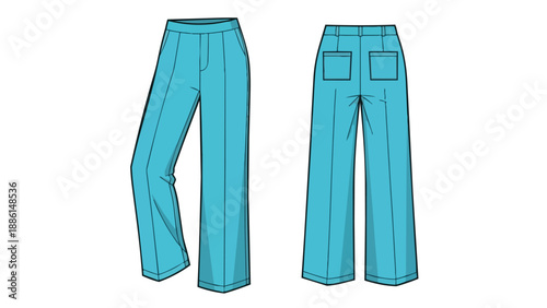 Technical fashion illustration showcasing a versatile pair of wide-leg trousers from front and back views with design details ideal for garment
