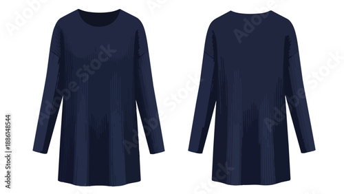 Versatile Navy Blue Long-Sleeve Tunic Sweater Flat Lay Front and Back Views Apparel Design Template