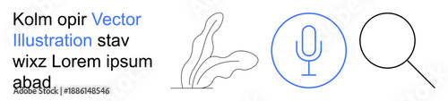 Search tools, voice interfaces, technology, content creation, data solutions, minimalistic design. Abstract plant, microphone and magnifying glass icons. Search tools and voice interfaces