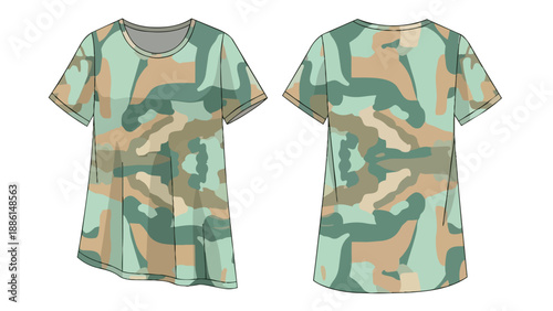Contemporary Short Sleeve Garment Featuring Distinctive Camouflage Pattern Artwork Front and Back Flat Technical Sketch for Apparel Design