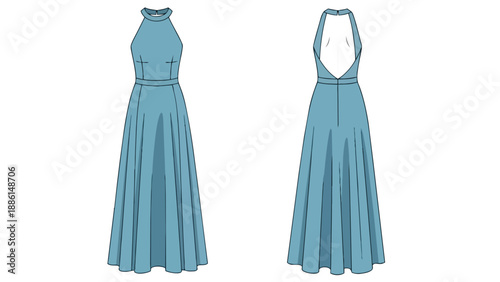 Elegant halter neck gown with deep open back design fashion flat technical drawing