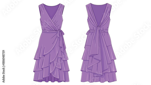 A vibrant purple wrap dress design illustration, showcasing the intricate front styling with a tied waist and graceful tiered skirt, plus its