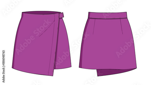 Vibrant purple asymmetric wrap mini-skirt technical flat sketch