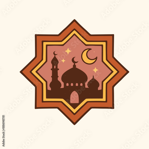 Retro illustration of a serene mosque silhouette under a crescent moon and stars, framed in an ornate octagonal star, symbolizing Islamic spiritual reflection and cultural heritage