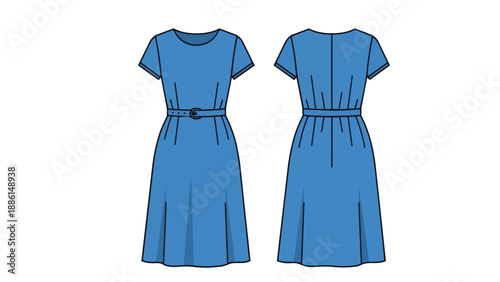 Elegant blue knee-length dress technical flat sketch showcasing front and back views with belted waist detail for apparel design concepts
