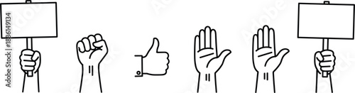 Hand gesture icon set with protest signs thumbs up stop symbols for communication illustration design projects