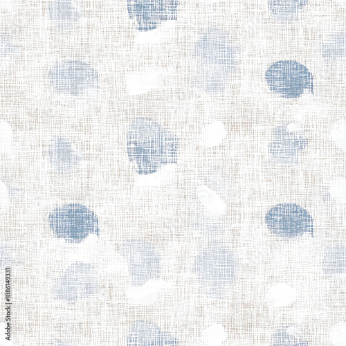 abstract linen texture with large white and blue polka dots on a soft, textured background. the design features a variety of dot sizes for an artistic touch.