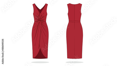 Elegant scarlet V-neck dress design with draped front knot and fitted silhouette perfect for special occasions
