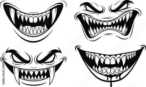 Scary monster mouths with sharp teeth evil grins black white vector illustration set for horror halloween design artwork tattoo sticker