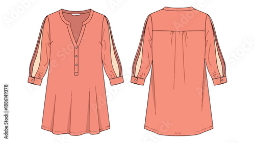 Technical flat sketch of a women's casual coral tunic dress with henley neckline and cuffed sleeves