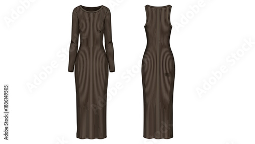 Elegant brown ribbed maxi dress virtual representation with front and back views showcasing texture