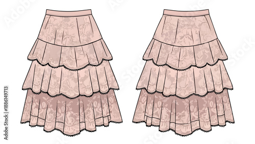 Blush pink tiered ruffle skirt fashion flat with intricate lace trim details and floral texture