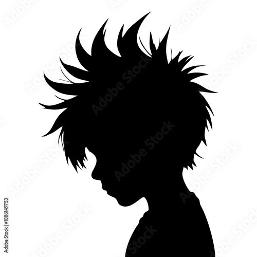 Simple black silhouette of a man head in profile, spiky hair style