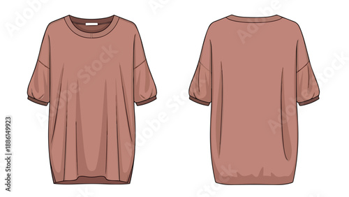 Front and back technical flat sketch of a relaxed fit women's tunic top with gathered sleeves in a soft terracotta hue casual apparel design project