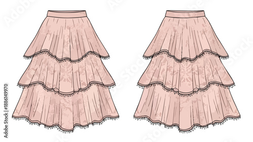 Detailed fashion flat illustration of twin tiered ruffled skirts in blush, featuring delicate lace edges and subtle pattern, perfect for garment