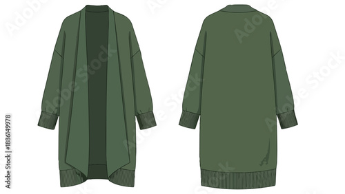 Technical fashion flat illustration of a long, open-front olive green waterfall cardigan with ribbed cuffs and hem, perfect for casual style