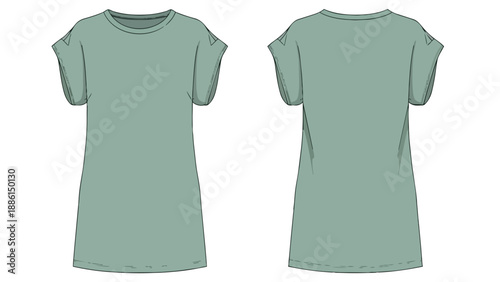 Front and back technical flat drawing of a simple short-sleeved tunic dress for fashion design