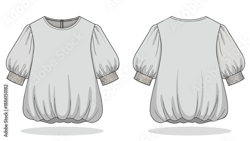 Detailed technical flat of a modern blouson top. Features elegant balloon sleeves with shirred elastic cuffs and a gathered hem. Ideal for fashion