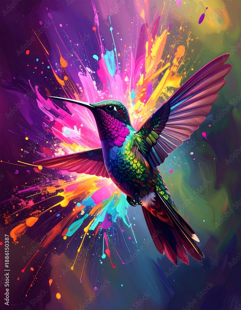 Obraz premium Vibrant hummingbird in a colorful explosion
