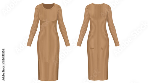 Elegant long-sleeved ribbed midi dress in a warm camel hue shown with front and back views a versatile apparel illustration perfect for stylish
