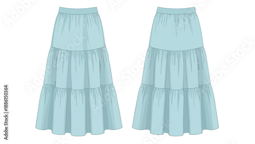 Elegant sky blue tiered maxi skirt for women's summer fashion collection flat technical drawing. Perfect for bohemian style, flowy attire, and warm
