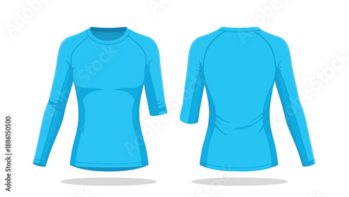 Vibrant aqua long-sleeved crew neck t-shirt vector illustration front and back views for athletic wear or casual apparel mockups showcasing modern