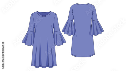 Periwinkle bell sleeve dress technical flat sketch showing front and back views garment design blueprint fashion illustration