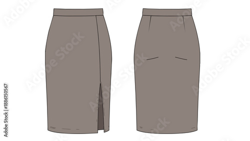 Technical illustration of a sleek pencil skirt featuring a high waist and a front side slit