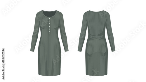Long-sleeved ribbed knit dress in a versatile grey-green hue, showcasing both front and back views, perfect for everyday comfortable and stylish