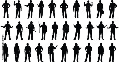 Large set of diverse worker silhouettes with tools and professional poses, various occupations including farmers, office staff, laborers, and managers for business design
