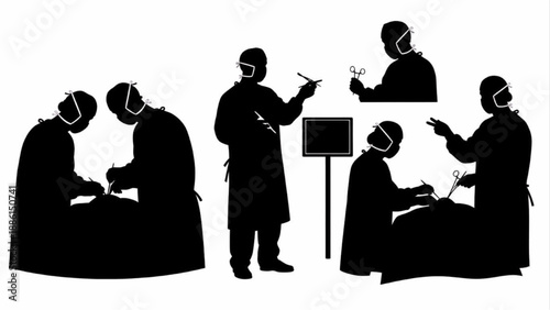 Surgical Team Silhouettes Performing Medical Procedures in Operating Rooms