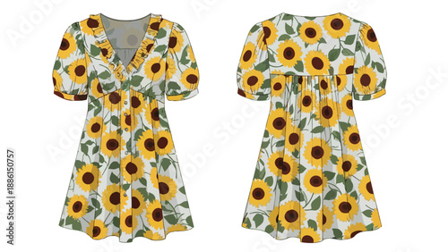 Vibrant sunflower-patterned midi dress with charming puff sleeves and delicate ruffle trim for a cheerful summer style perfect for warm weather