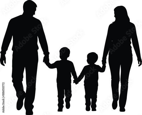 Silhouette of a happy family with two children walking together, parents holding hands with kids, concept of parenting, togetherness, childhood, and domestic life