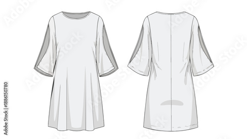 Technical fashion flat sketch of a women's relaxed dress, front and back views, with elegant bell sleeves and a round neckline