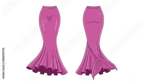 Elegant pink mermaid silhouette skirt design flat, showcasing a stunning flowing hemline and contoured fit, ideal for formal wear and vibrant