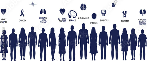 Diverse silhouettes of people with medical icons representing chronic diseases like cancer, diabetes, and heart disease, healthcare awareness and global health concept
