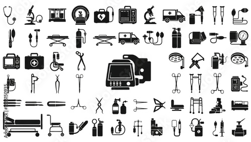 Essential medical equipment and healthcare tools icon set, perfect for professional, educational, and informational design projects