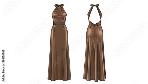 Modern halter neck maxi dress in warm brown hue, presenting front and back views. This sophisticated gown features an elegant high collar and an