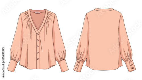 Detailed technical fashion drawing of a women's elegant peach V-neck blouse, showcasing front and back views with puff sleeves and button cuffs.