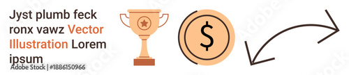 Financial success, economic growth, rewards, competition, strategic planning, monetary value. Trophy, dollar coin and curved arrow in a clean design. Financial success and economic growth concept